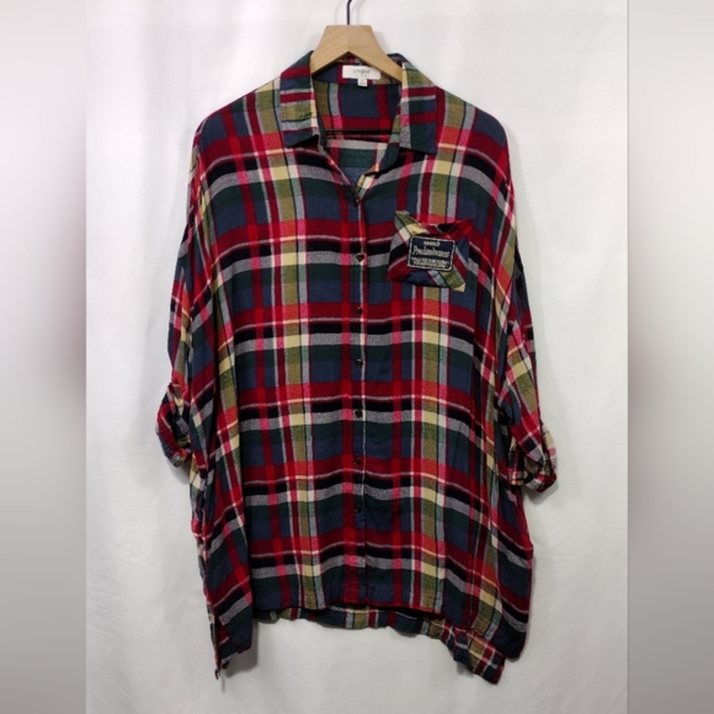 Umgee Plaid Button Front Shirt Womens L Multicolored Flannel Boho Retro 90s Y2K